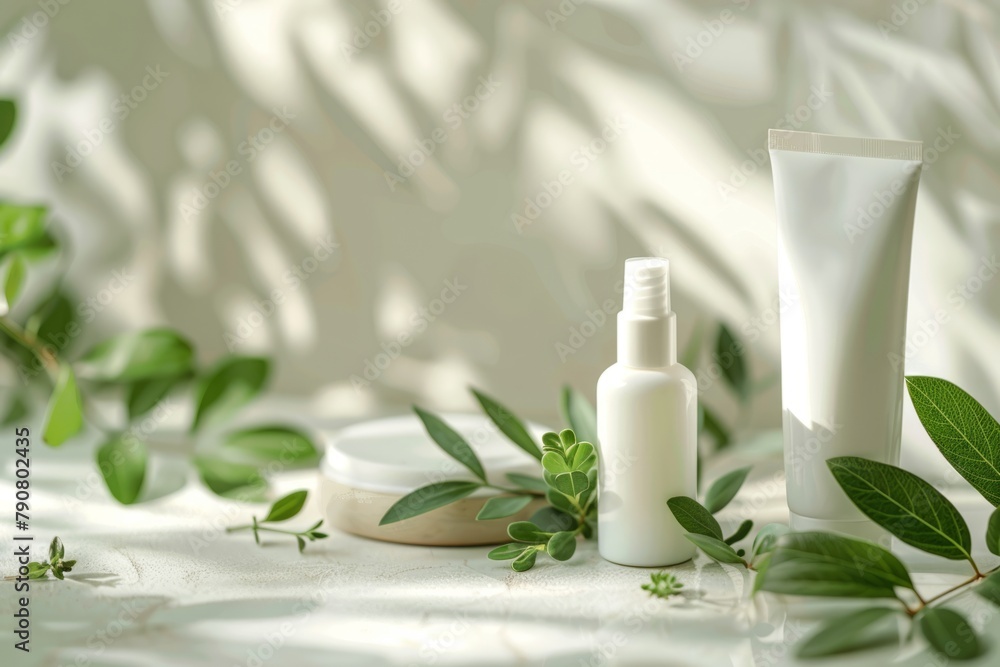 Mock up of natural beauty products. White cosmetic bottles with green leaves on a light neutral background. ai generated