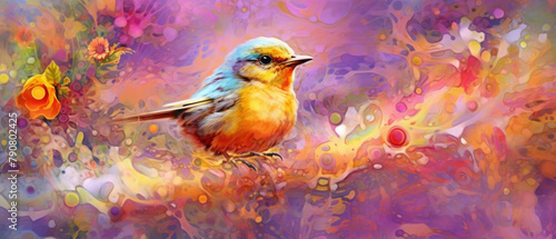  happy cute bird in flower blossom atmosphere golden oil paint abstract art © Tony A