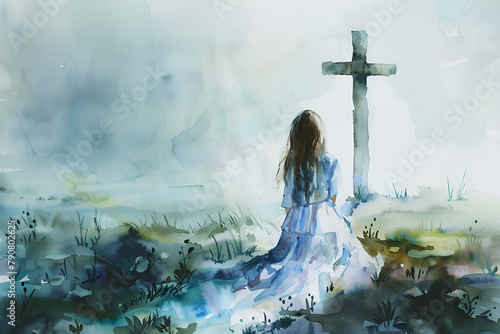 A woman is sitting  in front of the cross while praying, Generative AI