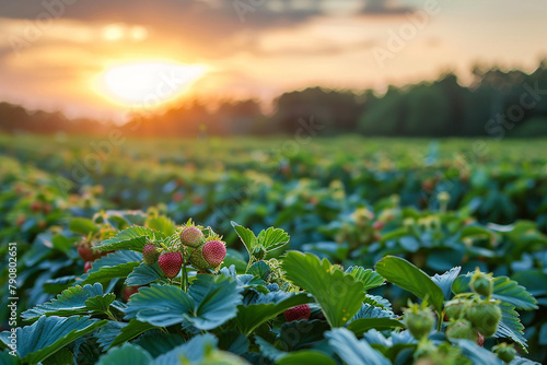 /imagine: Twilight descending over a garden of strawberries, painting the horizon.