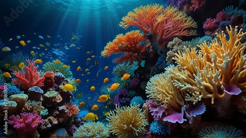 Bursting with vibrant life, a resplendent coral reef shines with a rainbow of colors: from the electric hues of tropical fish to the delicate tendrils of sea anemones swirling in the water's embrace.  photo