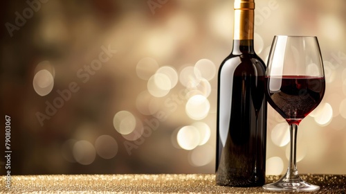 Elegant Wine Bottle and Glass on Golden Bokeh Background