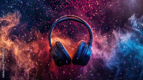 Stereo headphones bursting with festive energy, surrounded by a cloud of colorful dust and sparkling confetti photo