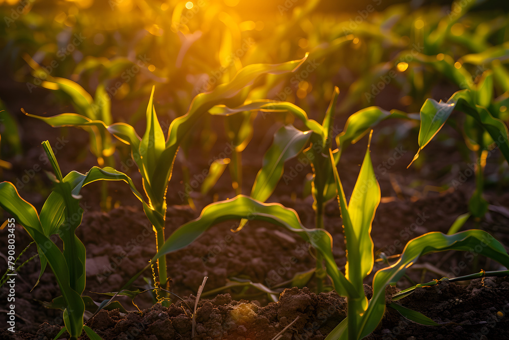 Naklejka premium Lush young corn plants growing in a field illuminated by the warm light of sunset