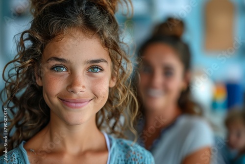 A young brunette girl with a bright smile posing with her mother softly focused in the background © Larisa AI