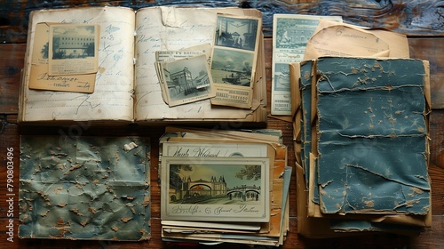 Antique Postcards Arranged on Rustic Table, generative ai