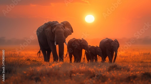 Untamed Beauty: A Family of Elephants in the Savannah, generative ai © Matus