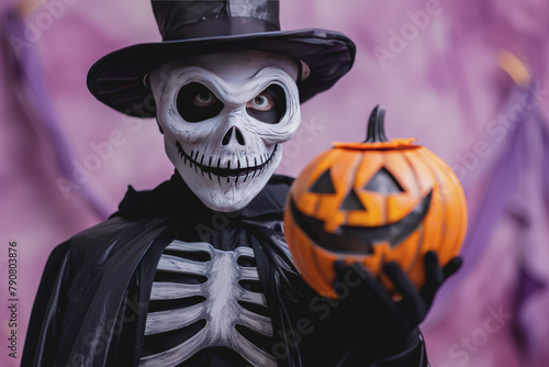 Man in a Halloween costume. A skeleton in a black cloak and top hat on a light purple background