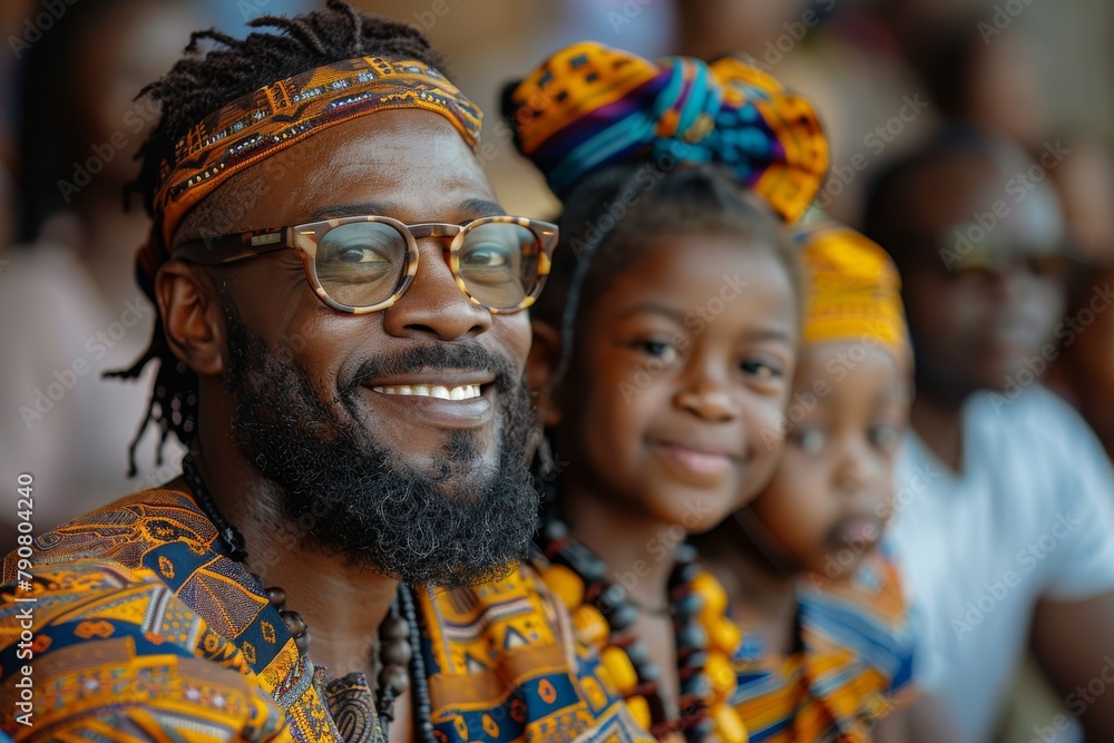 Smiling family wearing traditional African attire, with the father at the forefront with eyeglasses