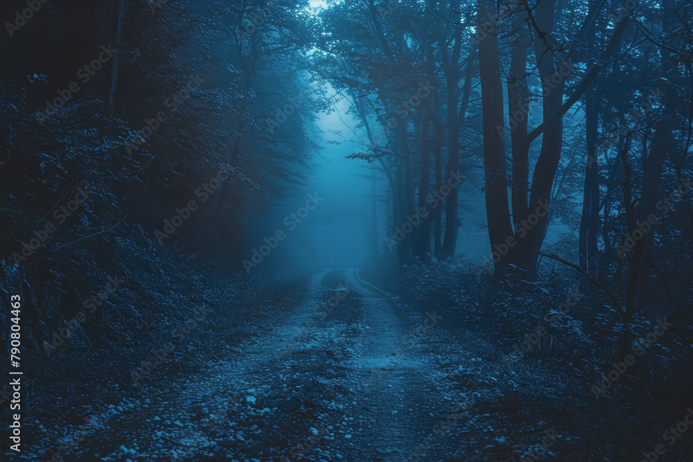 Mysterious dark forest. dark and moody forest road covered in mist. Halloween night background. Mysterious dark forest. dark and moody forest road covered in mist. Halloween night background.
