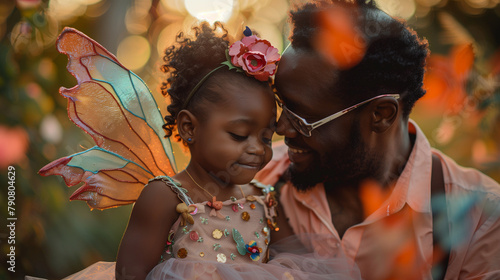 Happy black father & child in fancy dress as fairies princesses. Black dad & toddler playing dress up. Single father. Father's Day concept. Inclusion & diversity. Candid fatherly love photo