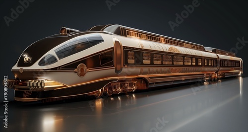 Art Deco 3D render of a luxurious train with ornate details and sleek aerodynamic shape.