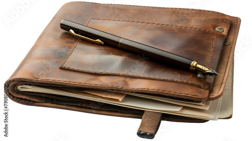 Leather Portfolio with Documents and Pen : Isolated on White, Transparent Background, PNG File, Hand Edited Generative AI photo