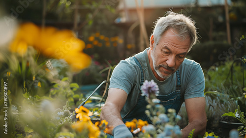 Senior man gardening in his garden planting flowers & plant. Dad enjoying nature outdoors. Wellness & mental health in old men. Father's Day banner concept