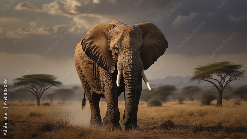 In the African wilderness, a majestic, weathered old elephant stands proudly, with tusks bearing the marks of time and deep wrinkles mapping a lifetime of wisdom. This stunning image, perhaps a painti