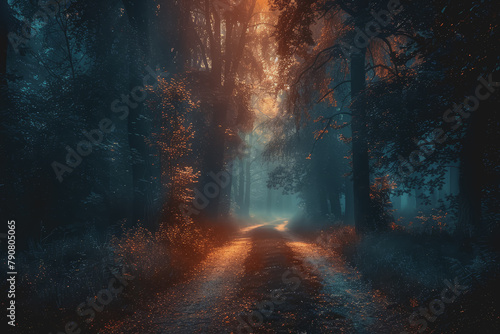 Mysterious dark forest. dark and moody forest road covered in mist. Halloween night background. © PHAISITSAWAN