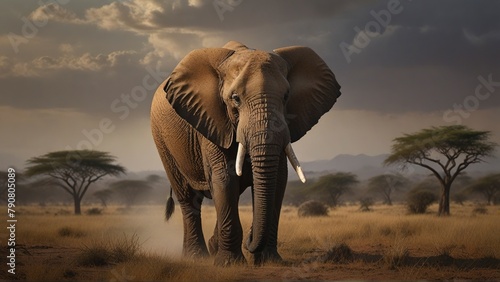In the African wilderness, a majestic, weathered old elephant stands proudly, with tusks bearing the marks of time and deep wrinkles mapping a lifetime of wisdom. This stunning image, perhaps a painti