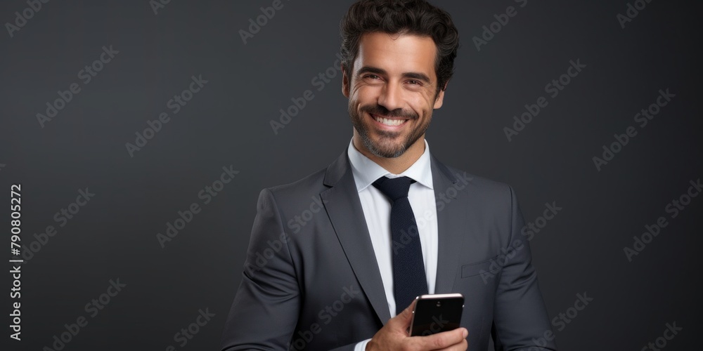 A successful smiling businessman in a suit stands against the background of a gray wall in the office. Generative AI. A successful smiling businessman in a suit stands against the background of a gray wall in the office. Generative AI.