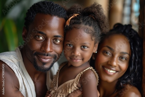 Warm and intimate family portrait of a young couple with their adorable daughter smiling together