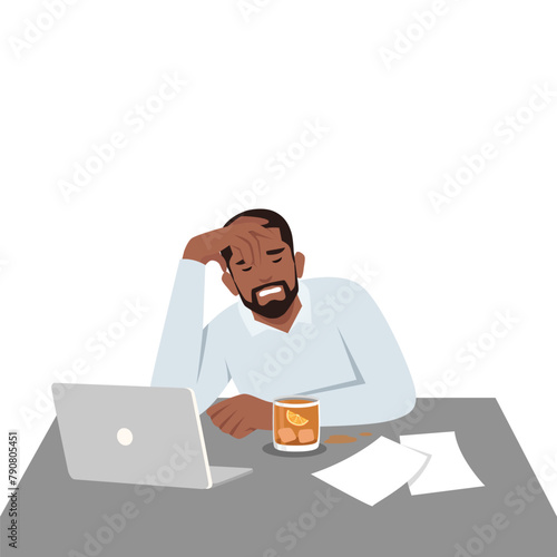 Young man Professional burnout syndrome exhausted man tired sitting at her workplace in office holding his head. Flat vector illustration isolated on white background