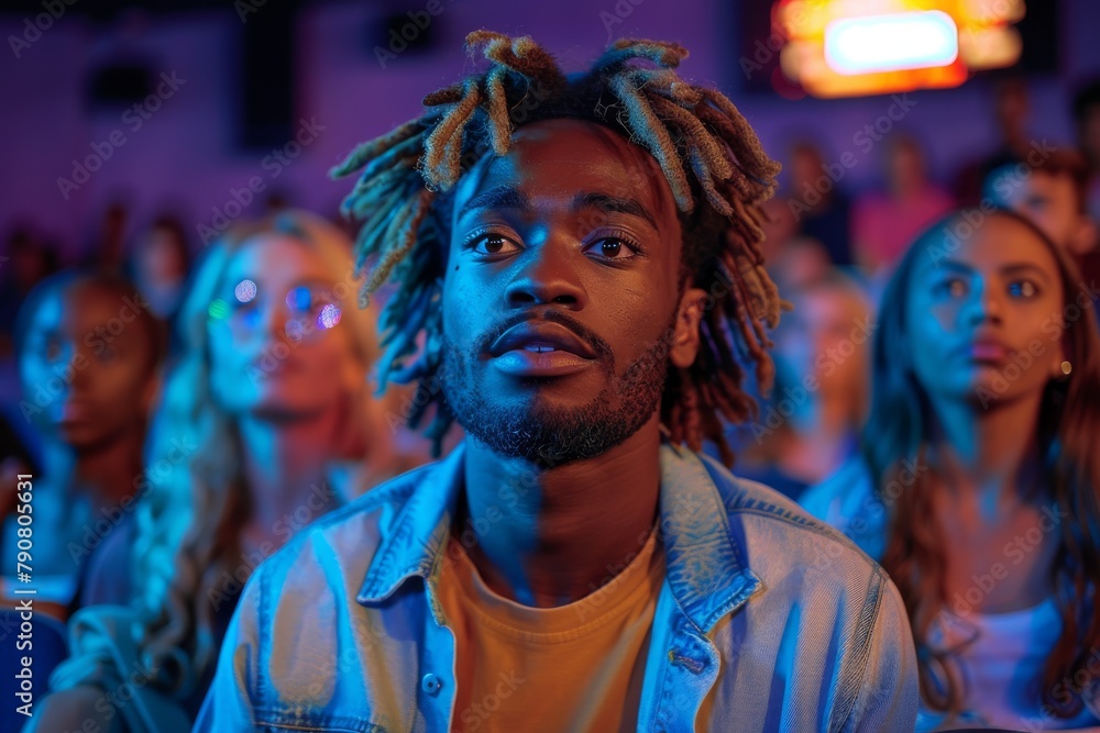 Obraz premium A young man with dreadlocks is captivated by a spectacle, with a focused expression in a colorful crowd