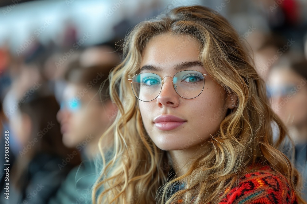 Close-up of a young woman with glasses looking into the distance amongst a crowd Close-up of a young woman with glasses looking into the distance amongst a crowd