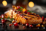 Top view of a piece of grilled salmon on a plate with vegetables and herbs against blurred bokeh background. Food recipe concept. Restaurant menu