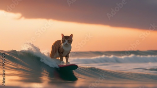 A cat on a surfboard in the ocean at sunset. Shallow depth of field.