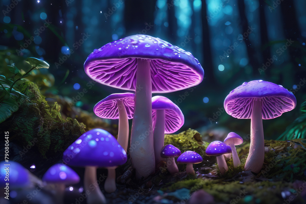 Fototapeta premium Generative AI, Beautiful and awesome neon colorful mushrooms, Magical views of neon colorful mushrooms, Beautiful view of neon colorful mushrooms in the thickets of forest bushes, small neon mushrooms