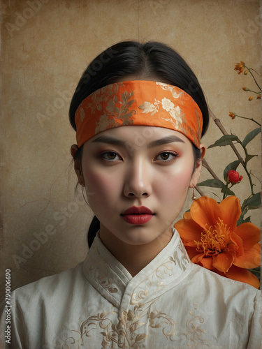 Serene Geisha Woman Wearing Flower Crown and Traditional Kimono Indoors photo