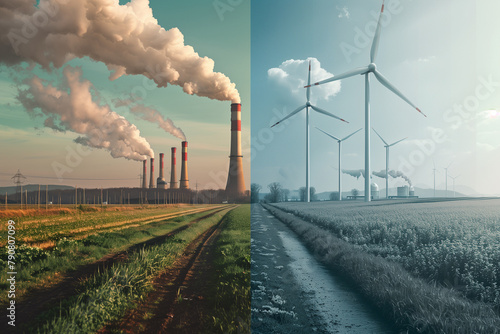 Split-screen: Fossil fuels vs. renewables. Pollution vs. clean energy. Modern, contrasting. © Dinusha
