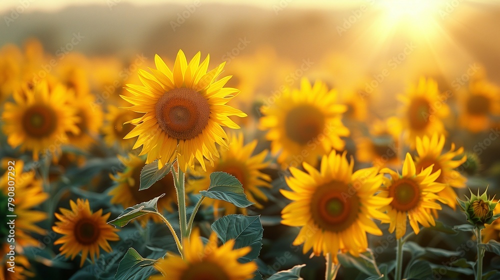 Obraz premium Vibrant Blooms: Sunflowers in the Evening Light, generative ai