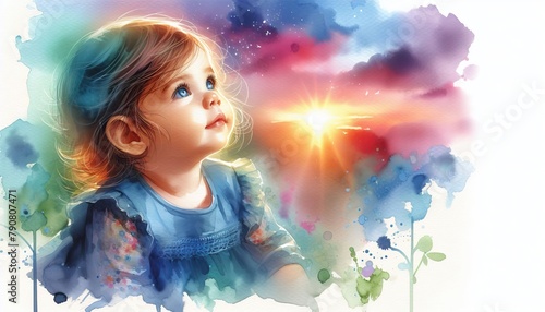 watercolor painting of a child in a striped dress sits amidst tall grass, gazing at a vibrant sunset with birds silhouetted against the sky