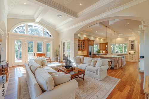 Stunning Panorama of Luxury Home Interior with Open Concept Floor Plan: Shows Living Room, Dining Room, Kitchen. © Hunman