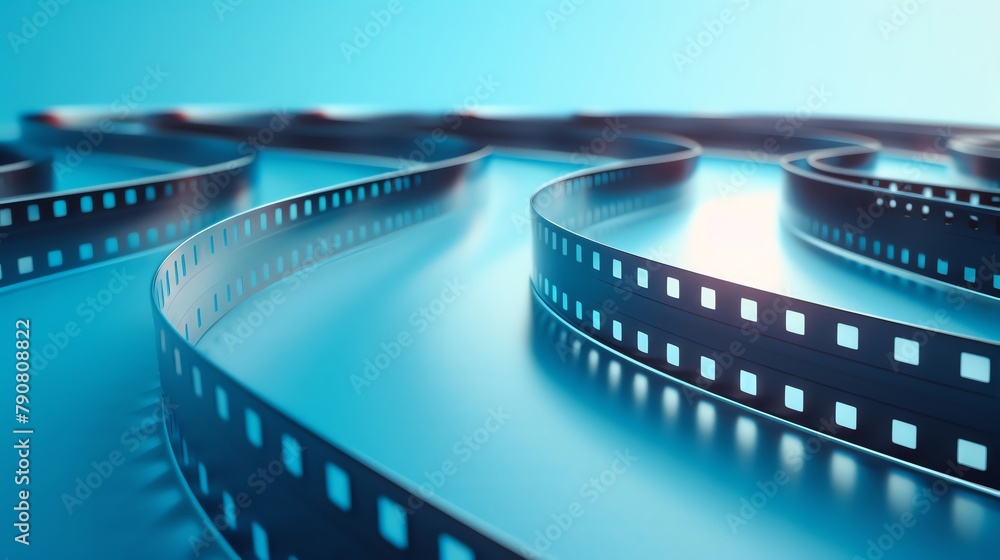 Film strip curling in 3D against a serene, blank background.