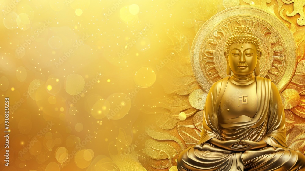Golden Buddha Statue Against a Radiant Golden Background