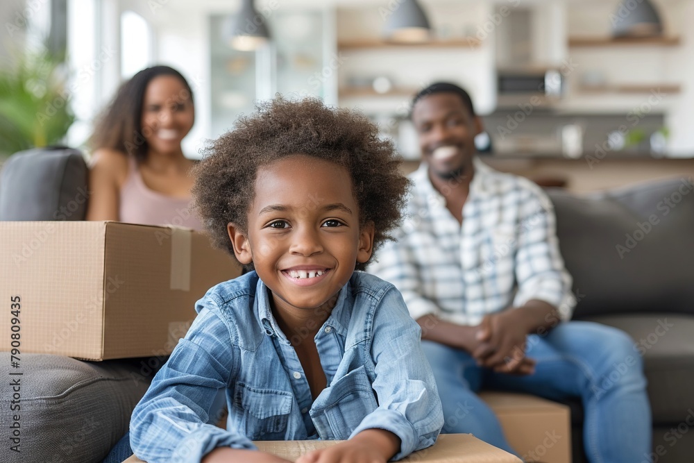 Happy family with moving boxes, new house, African American, vast copy space, modern setting Happy family with moving boxes, new house, African American, vast copy space, modern setting