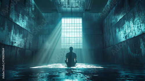 Praying prisoner in futuristic steel cell, ray of light, unbroken spirit, vast copy space photo