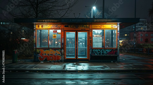 Nighttime Street Scene: Graffiti Bus Stop, generative ai