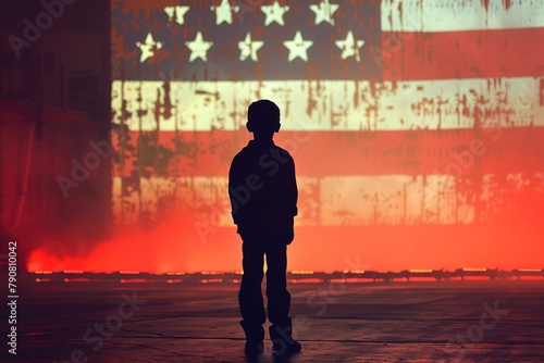 Silhouette, boy and large American flag, ample text space, background pure, inspiring