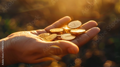A handful of golden coins gleaming in the sunlight, representing wealth, fortune, and the pursuit of financial success.