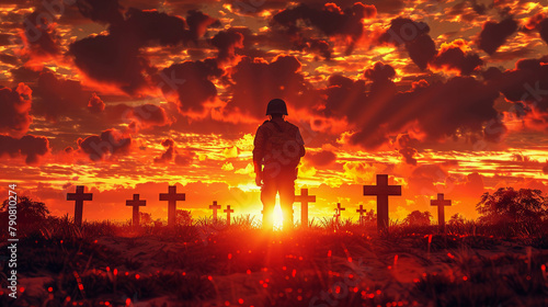 Solemn soldier silhouette  cemetery crosses at sunset  wide text area  background immaculate