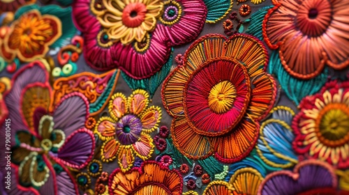 Macro view of a colorful 3d intricately carved embroidered art  mexican traditional style  golden thread