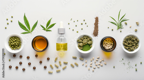 Arrangement of cannabis leaves, CBD oil, capsules, and buds with seeds on a white background.