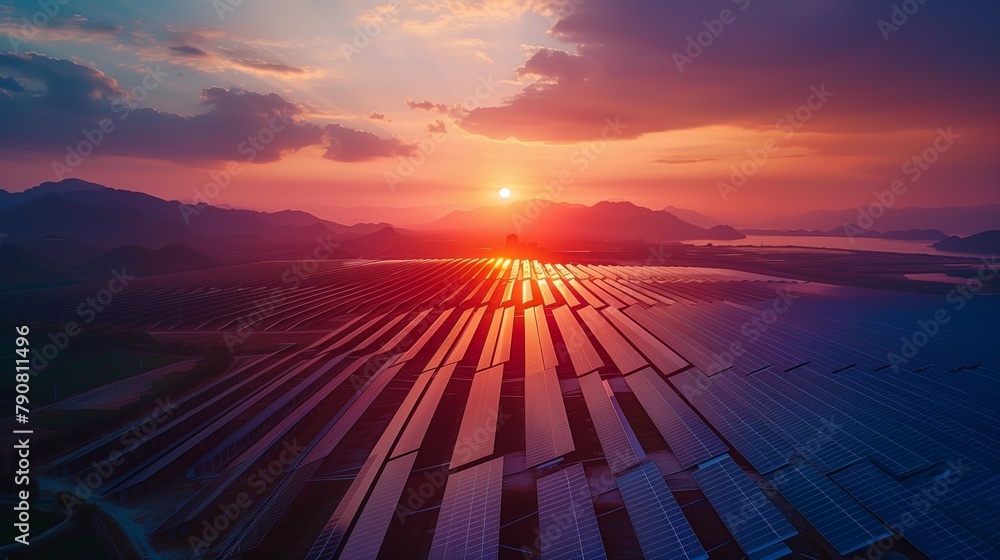 Renewable Energy Paradise: Aerial View of Solar Panels, generative ai