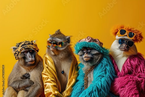  monkey in a group, vibrant bright fashionable outfits isolated on solid background advertisement, copy text space , AI generated © Tanu
