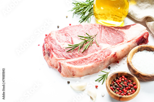Beef steak Ribeye steak raw marble meat close-up. © nadianb