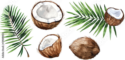 A set of watercolor coconut and palm leaves vector illustrations. Collection of isolates for labels, prints, banners. Watercolor illustration on white background. Summer fruit painting illustration