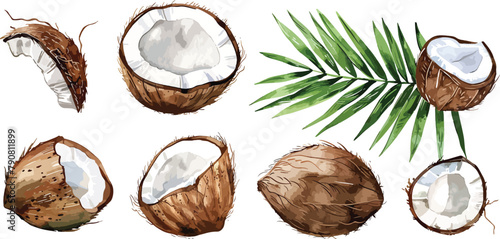 A set of watercolor coconut and palm leaves vector illustrations. Collection of isolates for labels, prints, banners. Watercolor illustration on white background. Summer fruit painting illustration