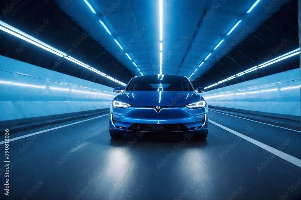Futuristic EV car rides through tunnels with blue light and motion blur, copy space for placing texts. Futuristic EV car rides through tunnels with blue light and motion blur, copy space for placing texts.